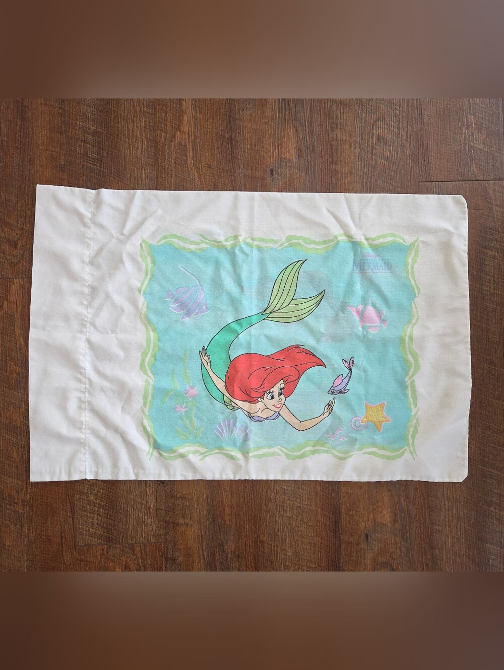 VTG Disney Little Mermaid Ariel Swimming Sea Life Double Sided Pillowcase USA